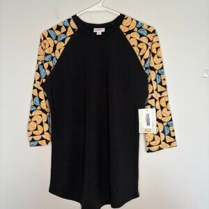 LULAROE NEW Randy Women's XS Black Yellow Blue Geometric Crew Neck Stretch